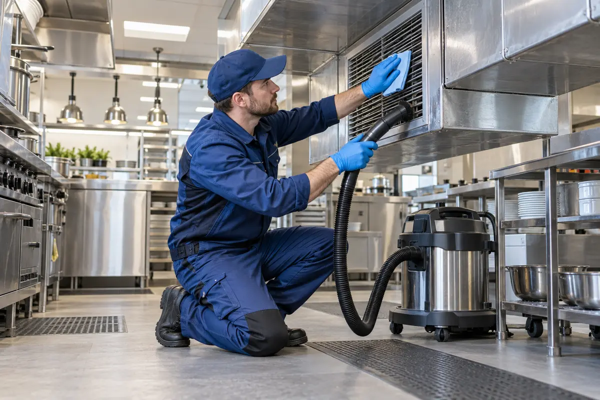 Engineer cleaning a kitchen ventilation air grille