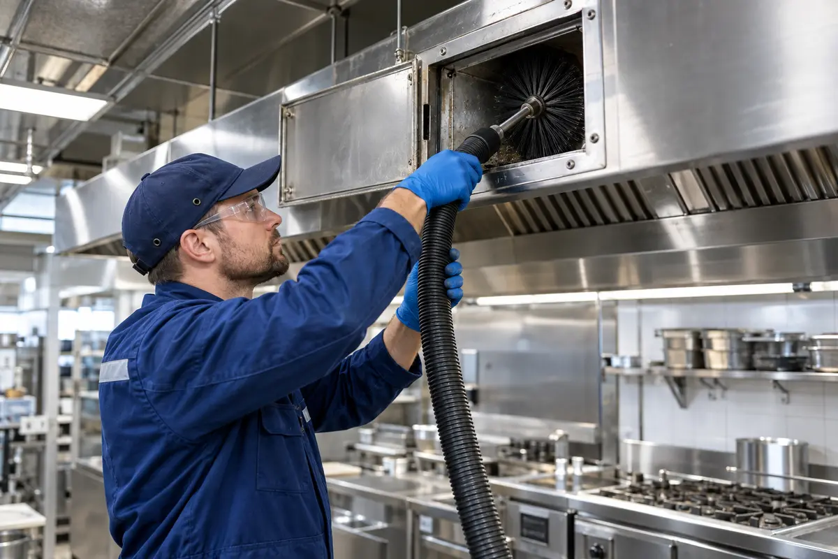 Engineer cleaning extraction ductwork through an access panel