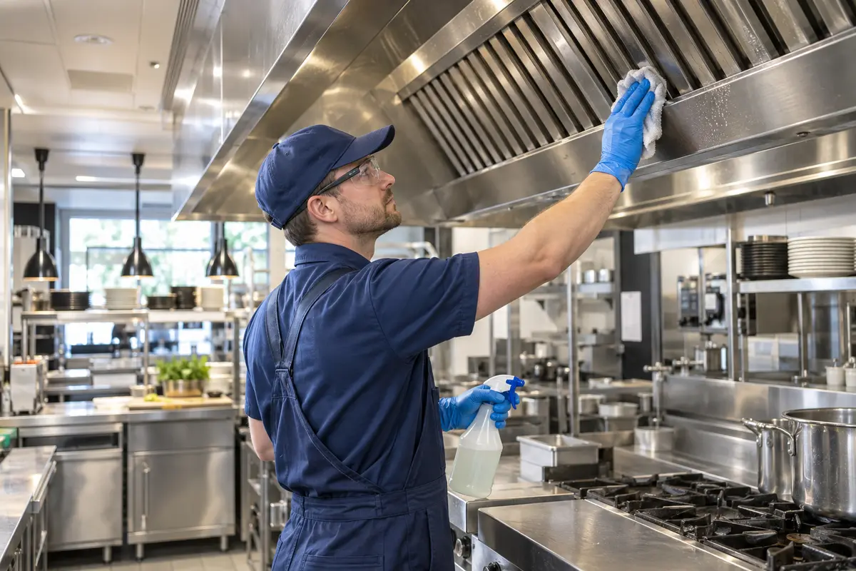 Engineer cleaning a commercial kitchen extraction canopy