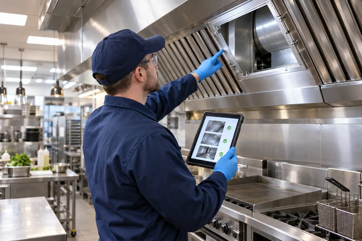 Engineer inspecting extraction cleaning and recording the work