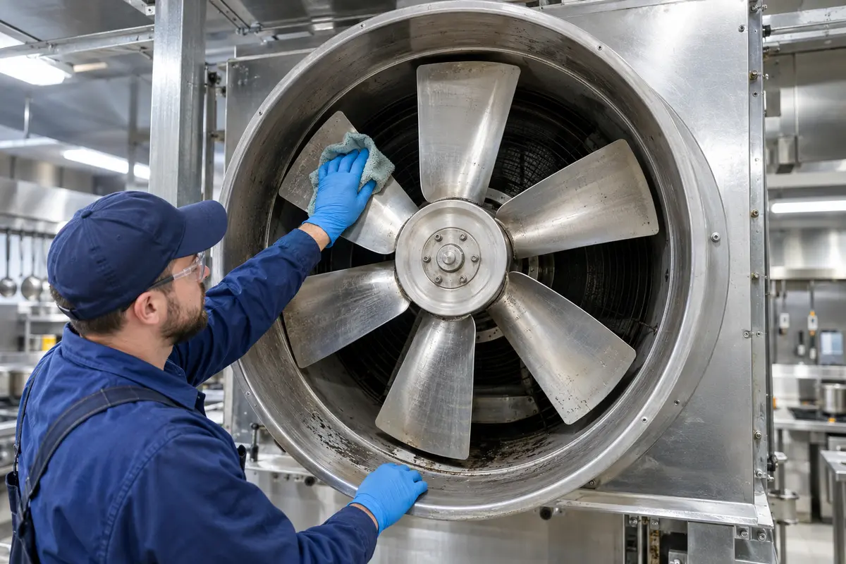 Engineer cleaning a commercial kitchen extraction fan